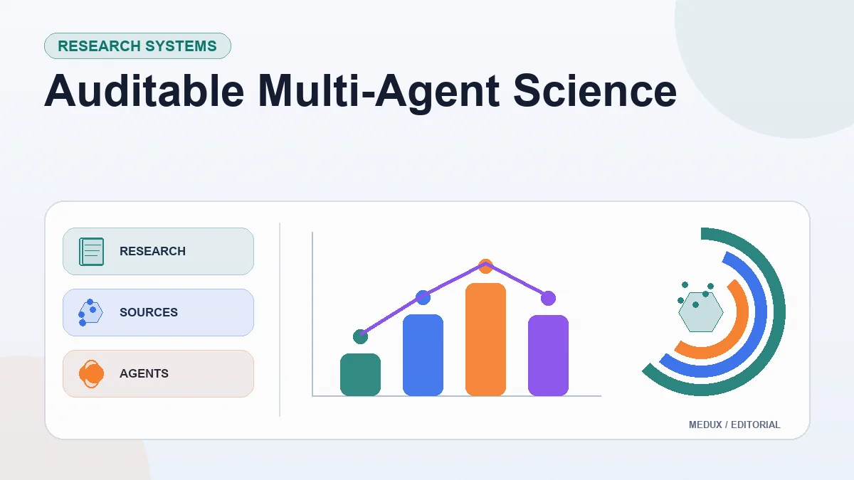 Light editorial report cover titled "Auditable Multi-Agent Science" with summary cards, a bar chart, and visual indicators for research, sources, agents, audit