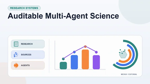 Light editorial report cover titled "Auditable Multi-Agent Science" with summary cards, a bar chart, and visual indicators for research, sources, agents, audit