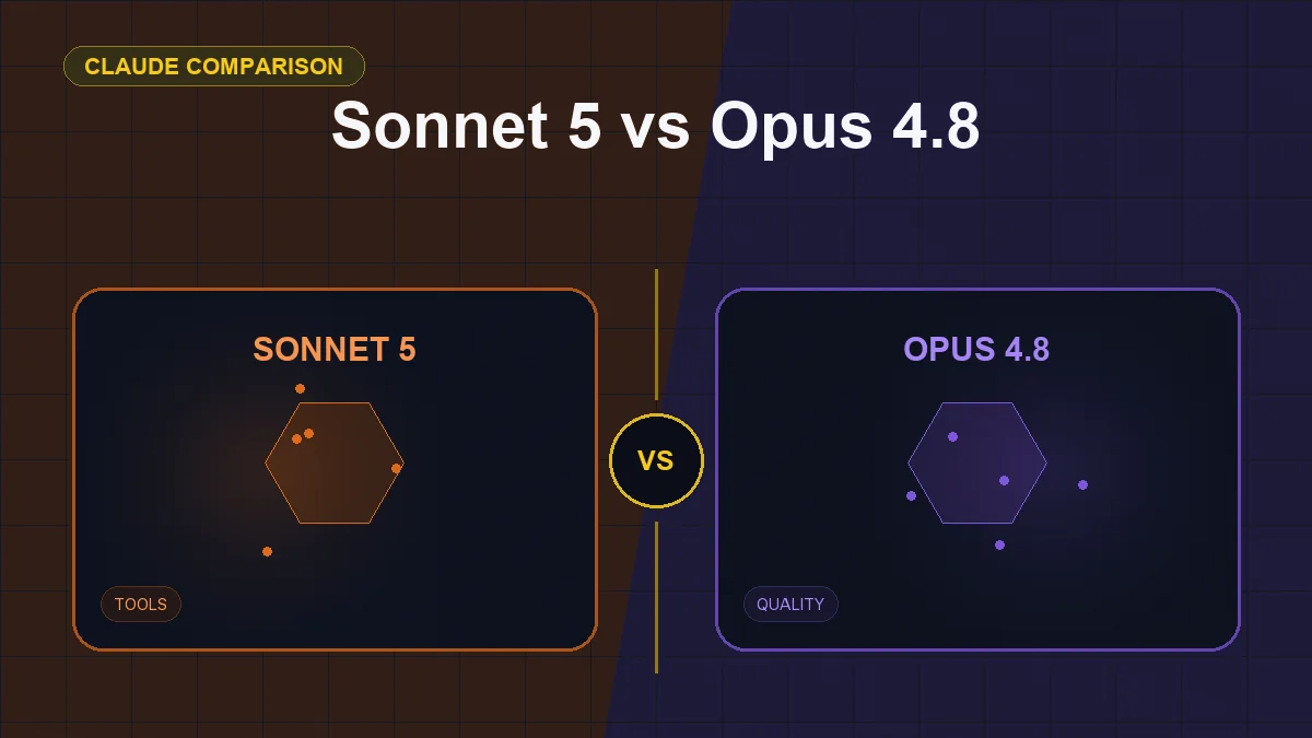 Split editorial cover titled "Sonnet 5 vs Opus 4.8", comparing SONNET 5 and OPUS 4.8 across cost, effort, tools, quality