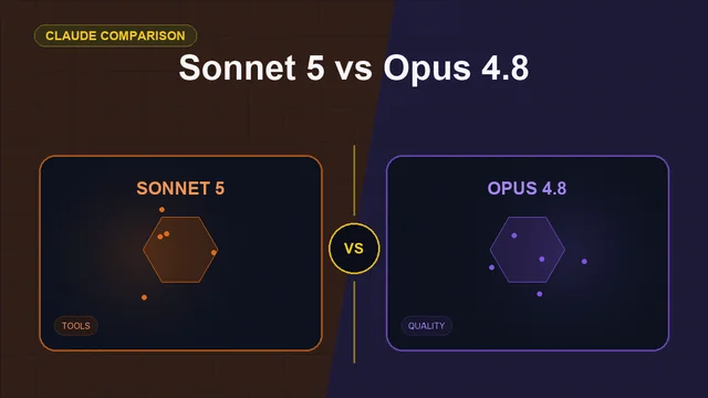 Split editorial cover titled "Sonnet 5 vs Opus 4.8", comparing SONNET 5 and OPUS 4.8 across cost, effort, tools, quality