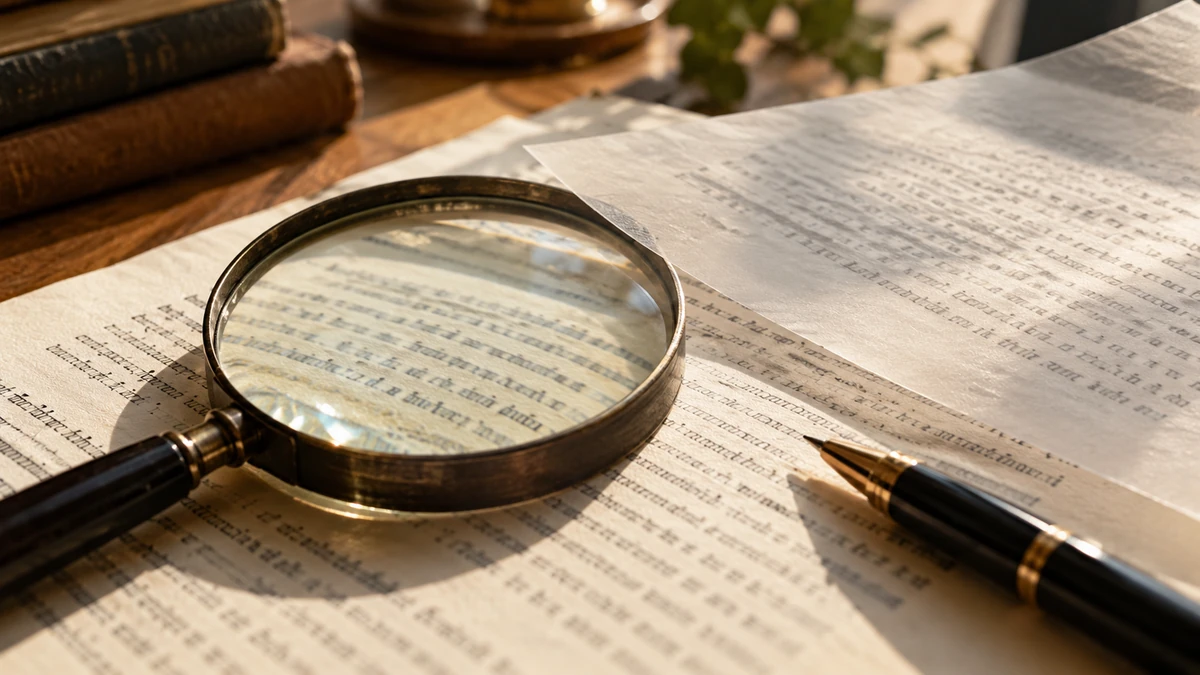 Printed text examined under a magnifier as an illustration of text provenance.