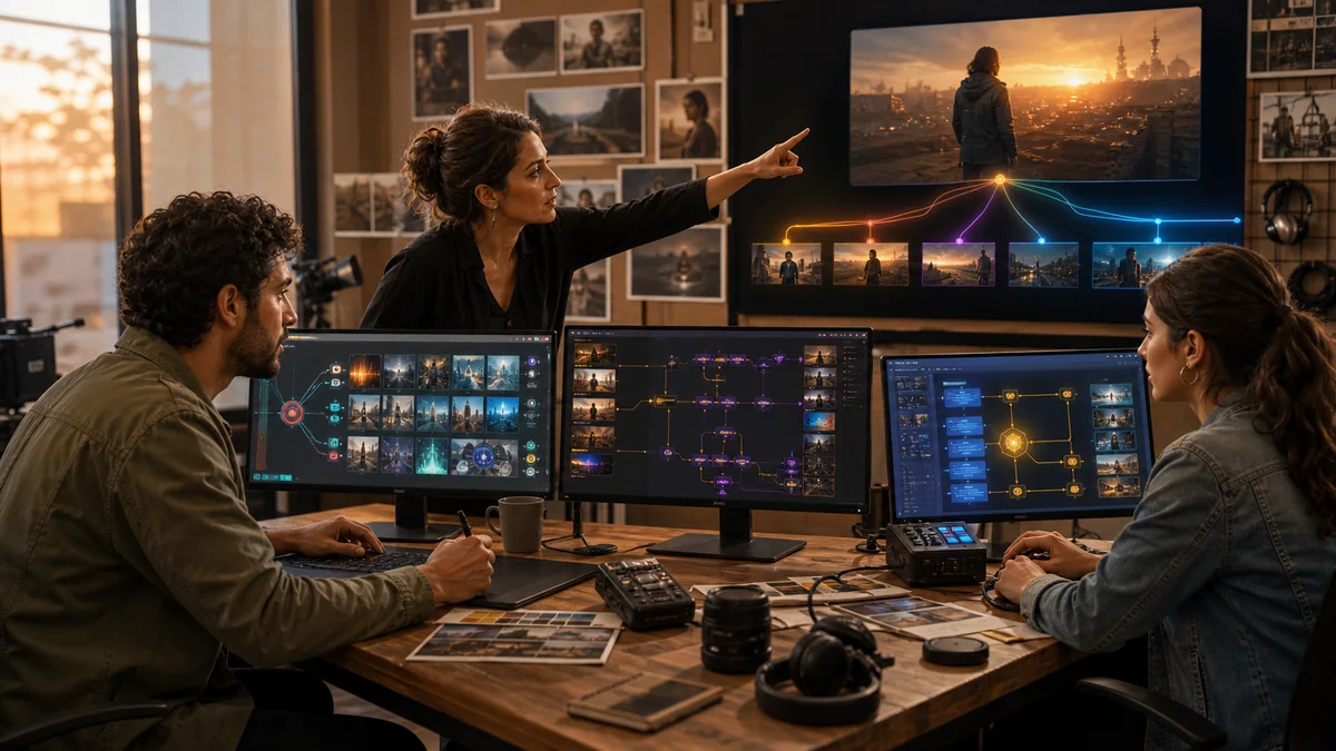 Creative team routing a media workflow across three AI model tiers
