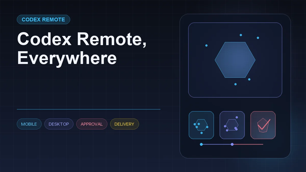 Dark editorial information card titled "Codex Remote, Everywhere" with a structured workflow diagram and icons for mobile, desktop, approval, delivery