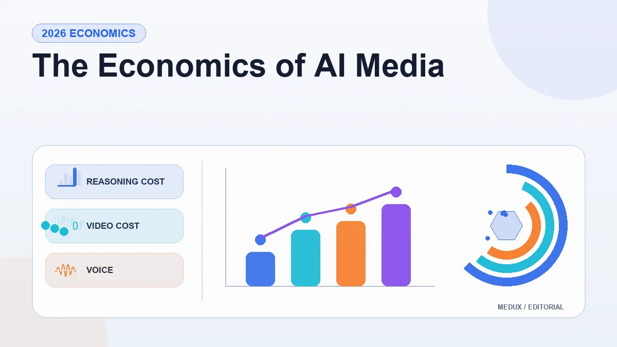 Light editorial report cover titled "The Economics of AI Media" with summary cards, a bar chart, and visual indicators for reasoning cost, video cost, voice, review