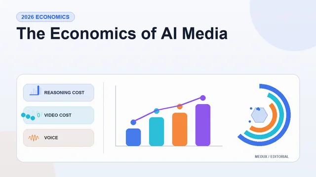 Light editorial report cover titled "The Economics of AI Media" with summary cards, a bar chart, and visual indicators for reasoning cost, video cost, voice, review