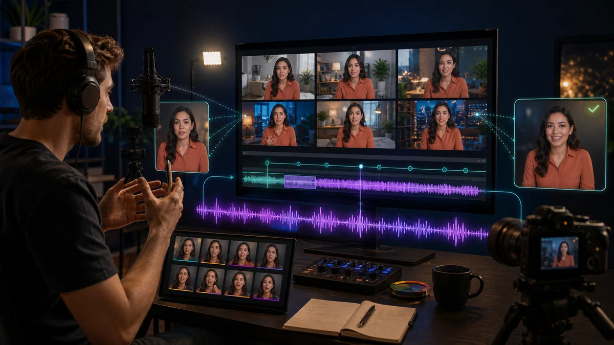 A persistent digital avatar identity connected to an expressive voice and a synchronized talking-head video timeline