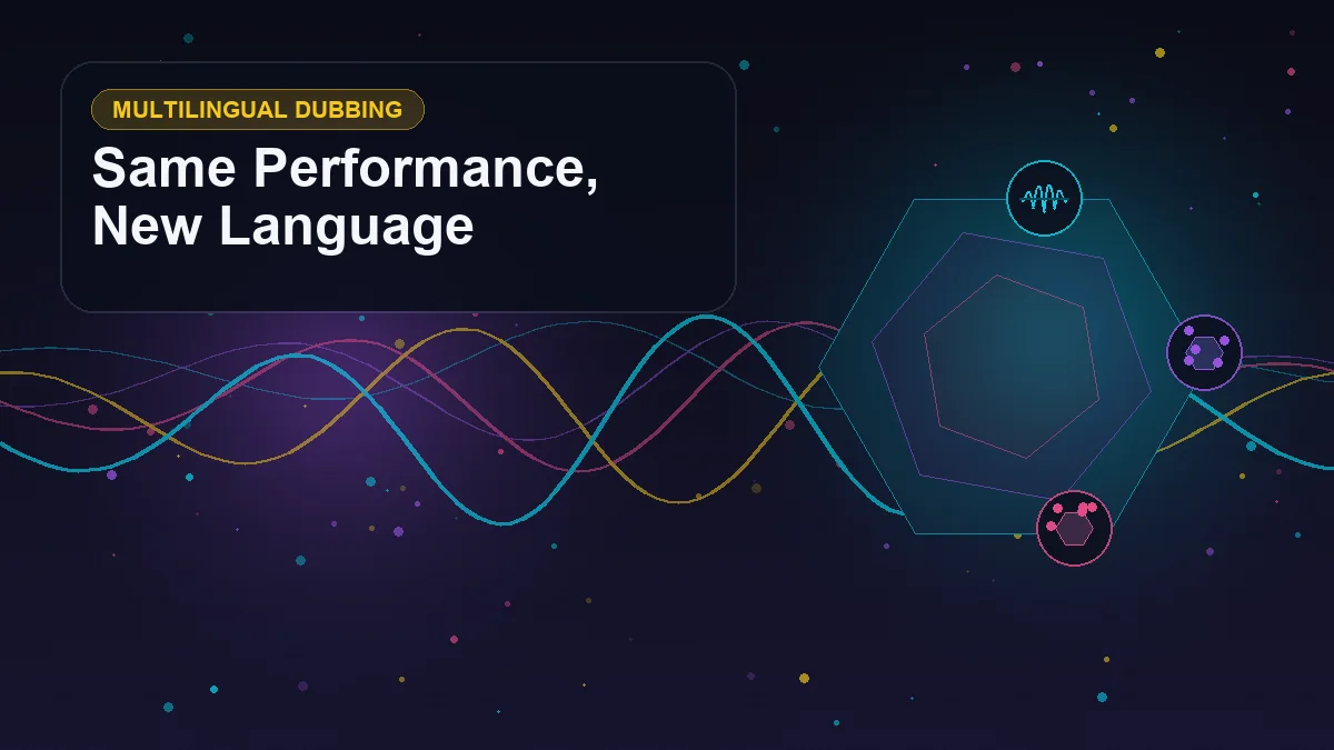 Abstract technology cover titled "Same Performance, New Language" with layered waveforms, geometric signals, and symbols for voice, languages, emotion, video