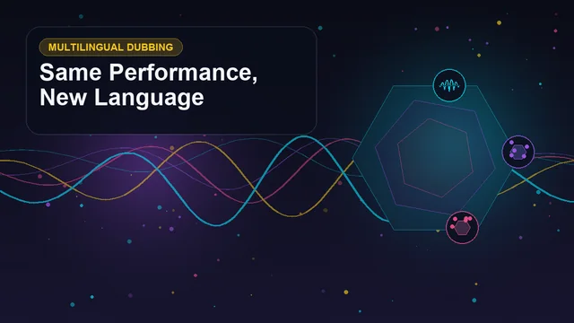 Abstract technology cover titled "Same Performance, New Language" with layered waveforms, geometric signals, and symbols for voice, languages, emotion, video