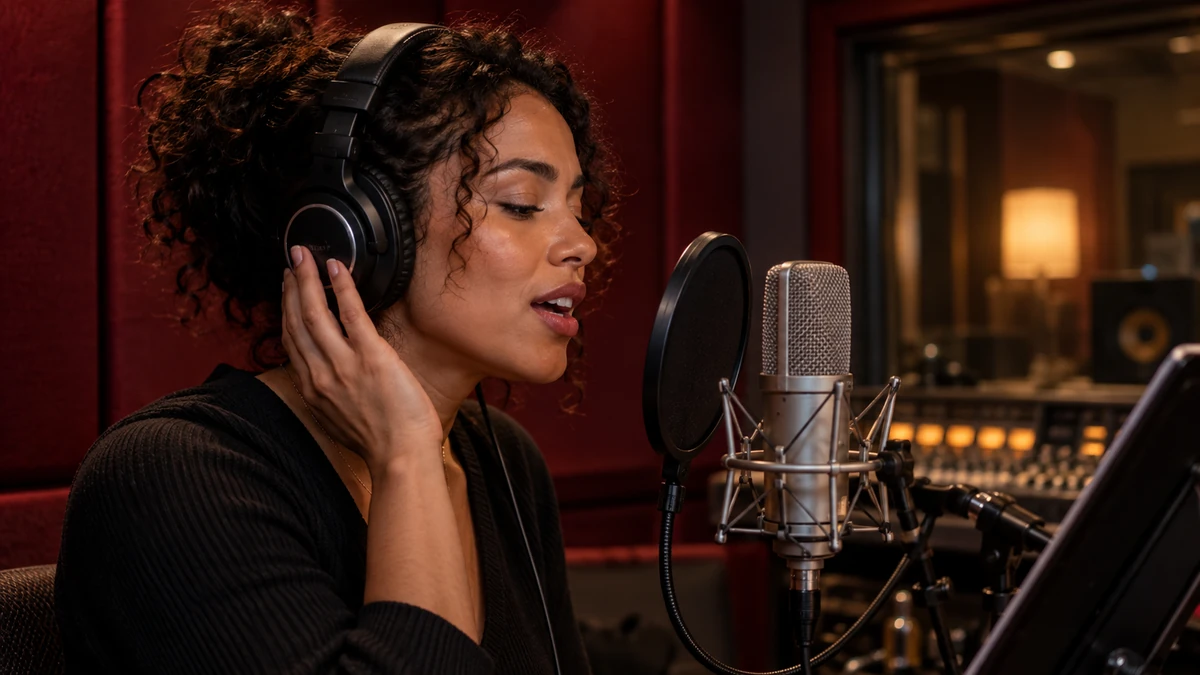 A voice performer recording expressive speech in a sound-treated booth.