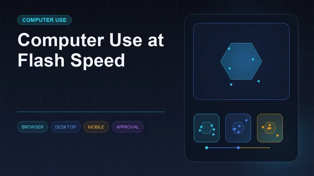 Dark editorial information card titled "Computer Use at Flash Speed" with a structured workflow diagram and icons for browser, desktop, mobile, approval