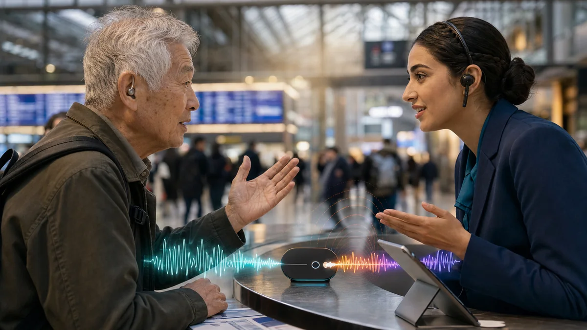 Multilingual speech waves translating continuously between speakers through Gemini 3.5 Live Translate