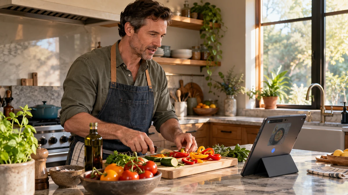 A person using live voice and visual assistance while preparing food.