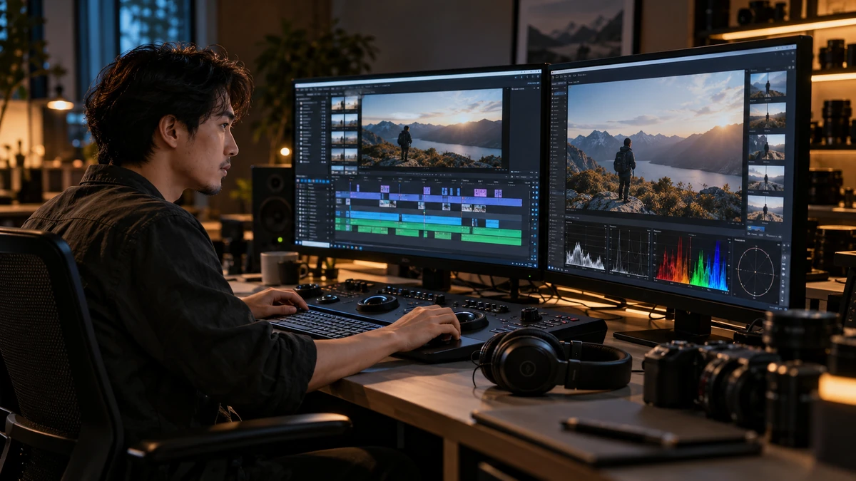 A video editor reviewing selected frames and a timeline in an editing suite.