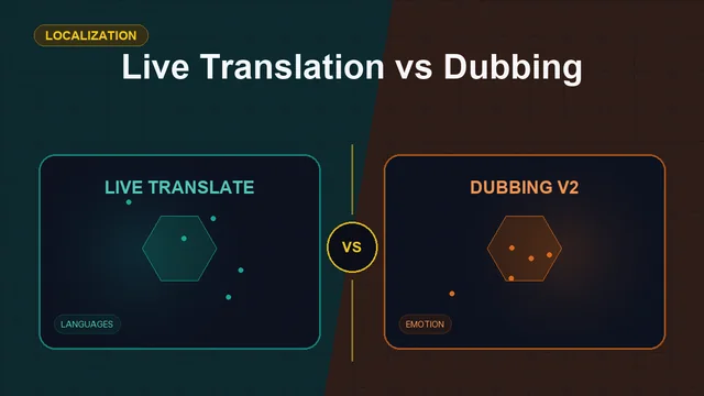Split editorial cover titled "Live Translation vs Dubbing", comparing LIVE TRANSLATE and DUBBING V2 across real-time, post-production, languages, emotion