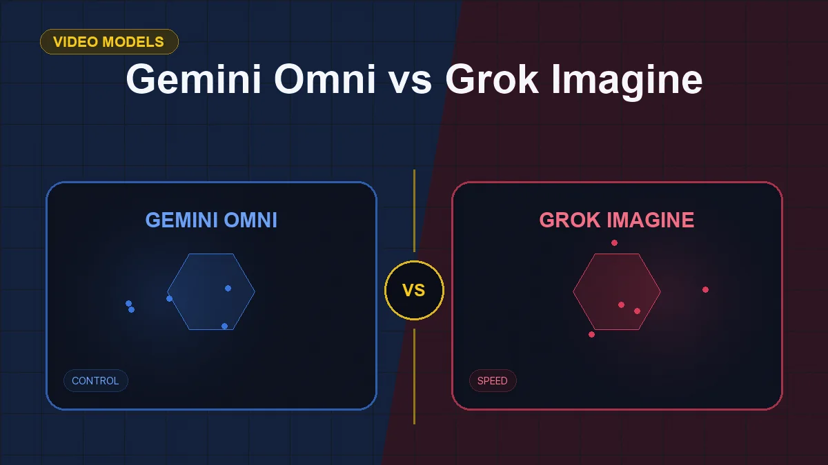 Split editorial cover titled "Gemini Omni vs Grok Imagine", comparing GEMINI OMNI and GROK IMAGINE across multimodal, native audio, control, speed
