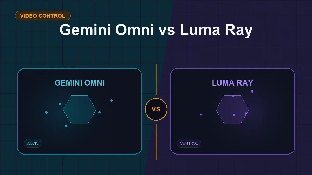Split editorial cover titled "Gemini Omni vs Luma Ray", comparing GEMINI OMNI and LUMA RAY across multimodal, keyframes, audio, control