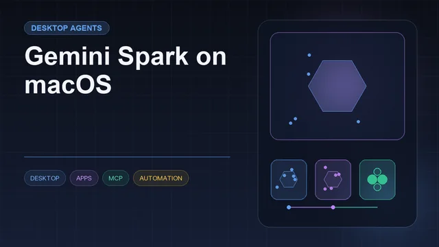 Dark editorial information card titled "Gemini Spark on macOS" with a structured workflow diagram and icons for desktop, apps, MCP, automation