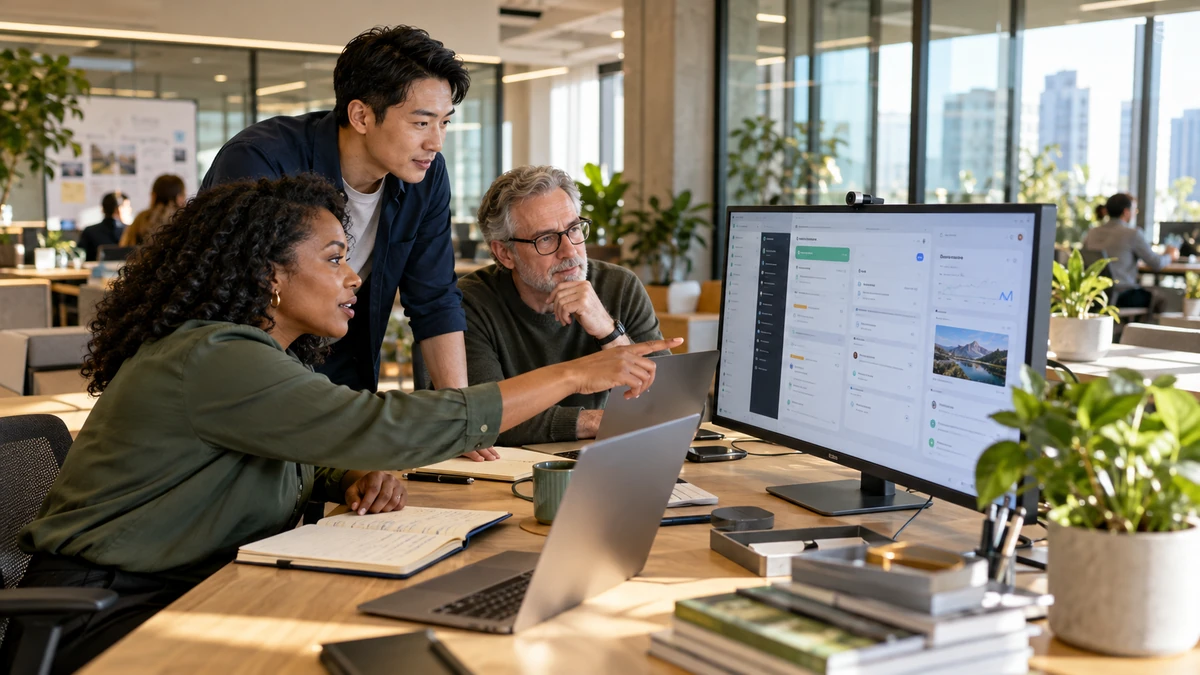 Colleagues coordinating work at a shared workstation in a bright office.