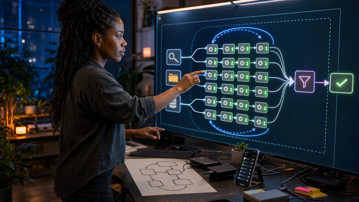 An AI agent composing a branching program that coordinates search, files, and task tools