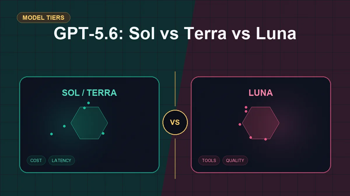 Split editorial cover titled "GPT-5.6: Sol vs Terra vs Luna", comparing SOL / TERRA and LUNA across speed, reasoning, cost, tools