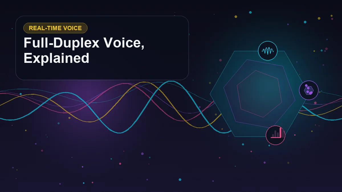 Abstract technology cover titled "Full-Duplex Voice, Explained" with layered waveforms, geometric signals, and symbols for voice, interruptions, latency, tools