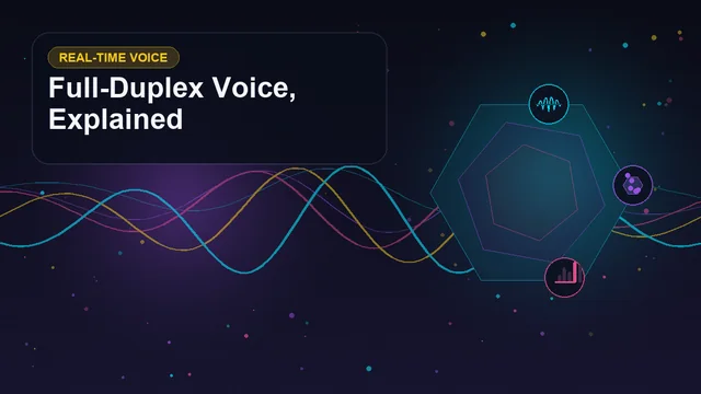 Abstract technology cover titled "Full-Duplex Voice, Explained" with layered waveforms, geometric signals, and symbols for voice, interruptions, latency, tools
