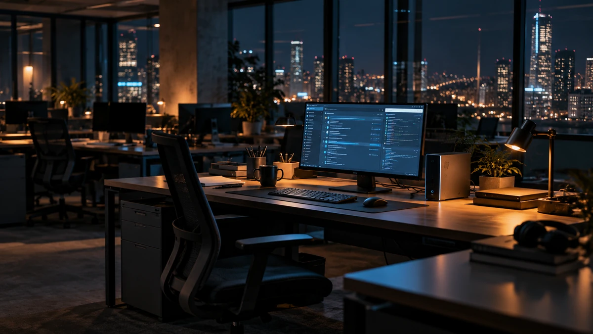 An active workstation in an office after hours.
