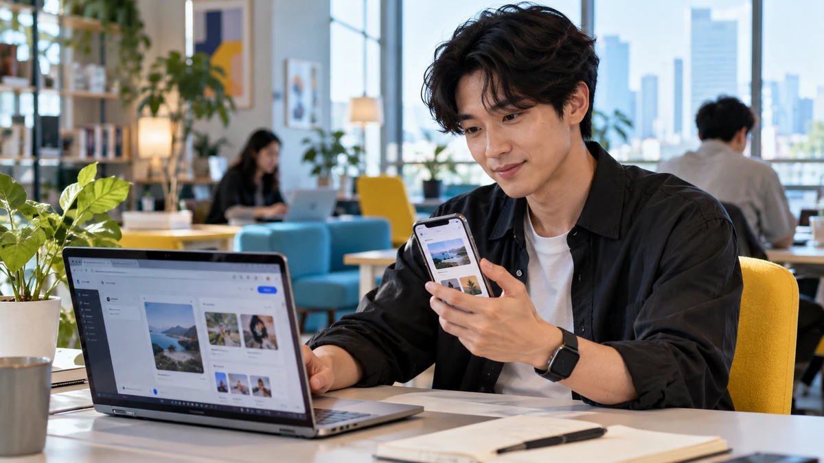 An independent developer testing a mobile application beside a laptop.
