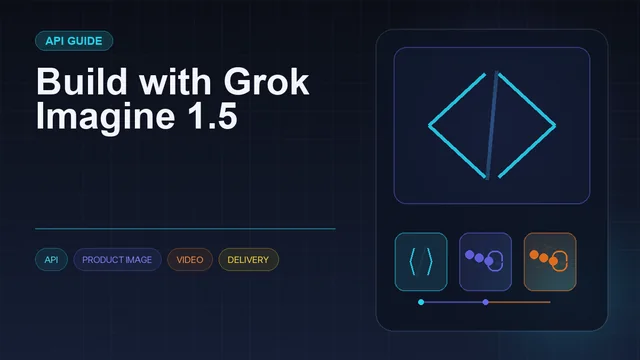 Dark editorial information card titled "Build with Grok Imagine 1.5" with a structured workflow diagram and icons for API, product image, video, delivery