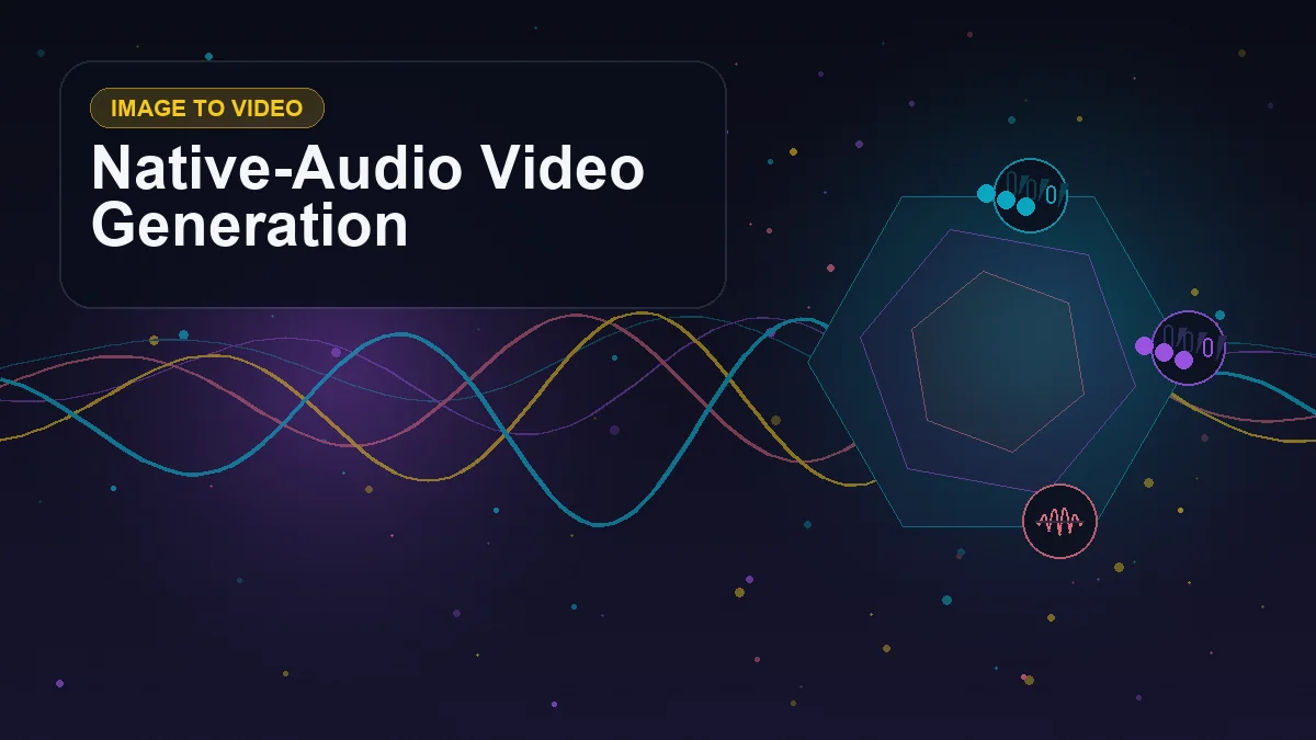 Abstract technology cover titled "Native-Audio Video Generation" with layered waveforms, geometric signals, and symbols for image, video, audio, motion