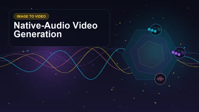 Abstract technology cover titled "Native-Audio Video Generation" with layered waveforms, geometric signals, and symbols for image, video, audio, motion