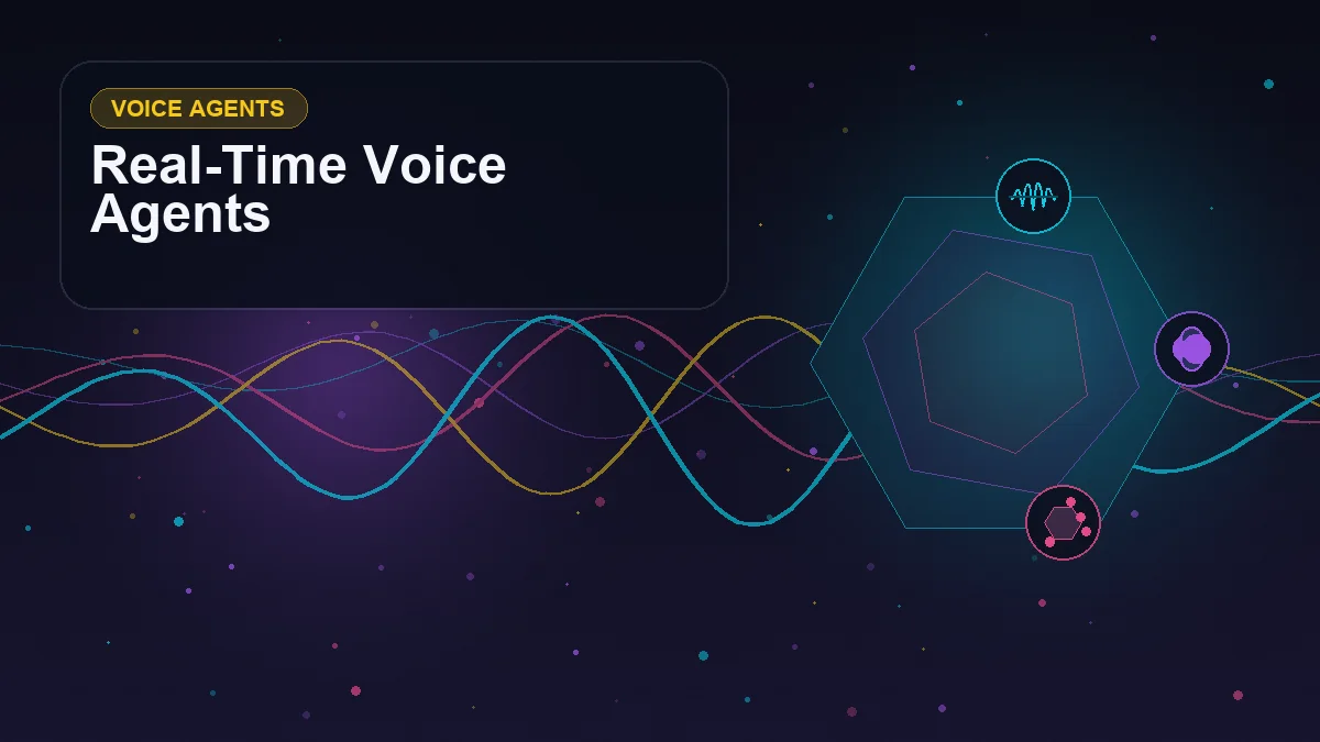 Abstract technology cover titled "Real-Time Voice Agents" with layered waveforms, geometric signals, and symbols for voice, tools, personality, latency
