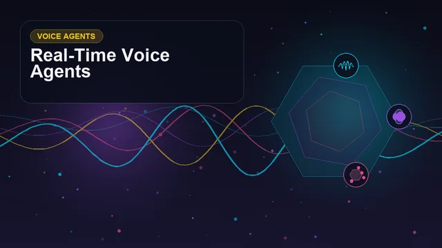 Abstract technology cover titled "Real-Time Voice Agents" with layered waveforms, geometric signals, and symbols for voice, tools, personality, latency