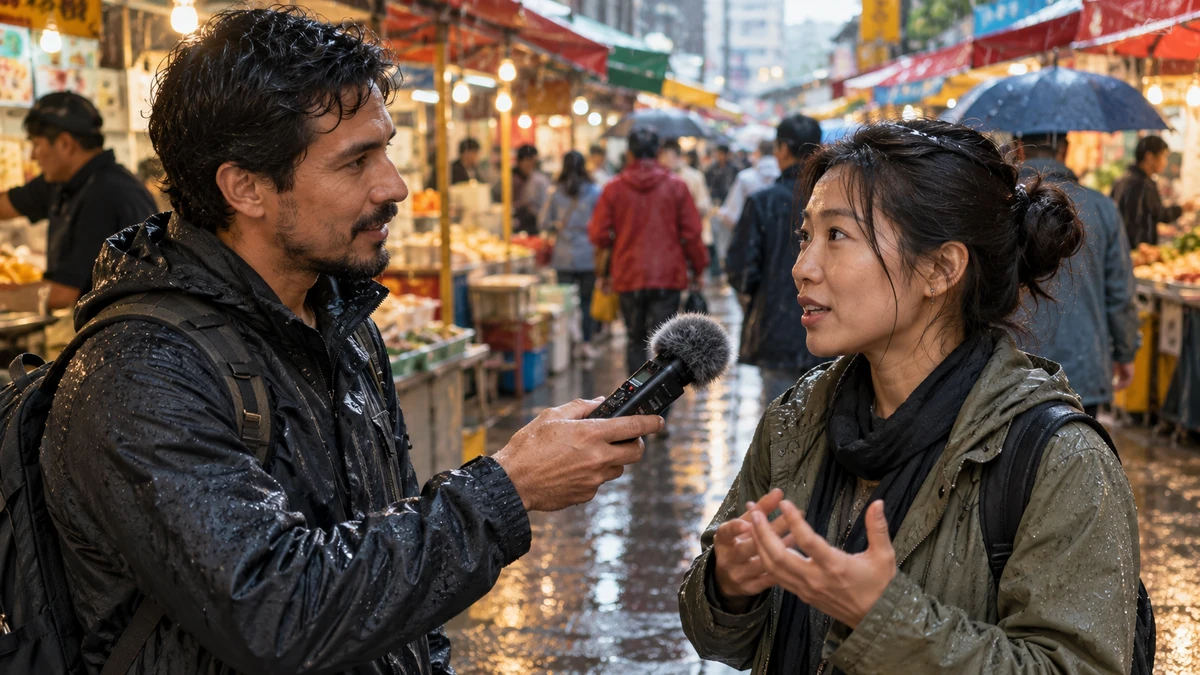 A field interview recorded in a busy street market.
