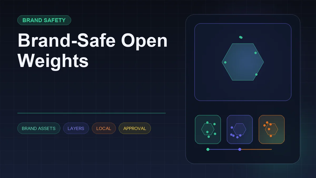 Dark editorial information card titled "Brand-Safe Open Weights" with a structured workflow diagram and icons for brand assets, layers, local, approval