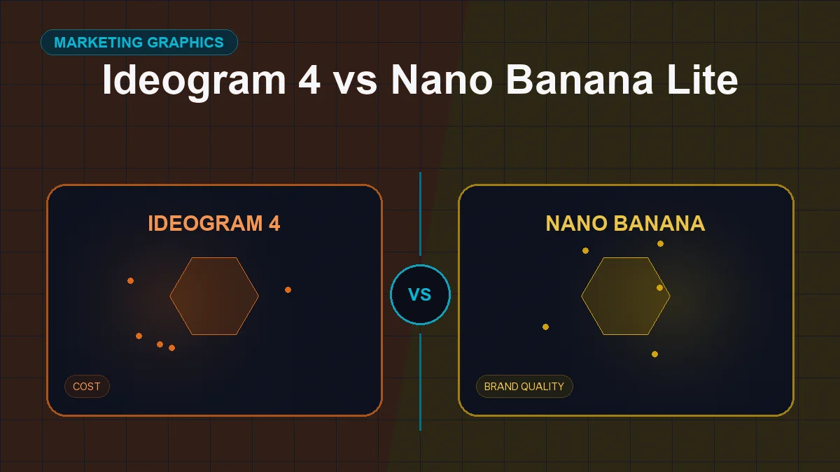 Split editorial cover titled "Ideogram 4 vs Nano Banana Lite", comparing IDEOGRAM 4 and NANO BANANA across typography, speed, cost, brand quality