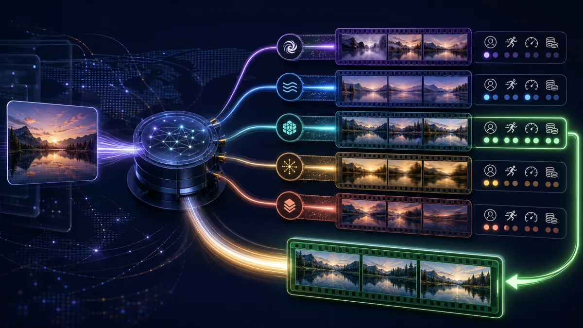 An abstract media router sending one lake image through several video model paths and selecting the best result