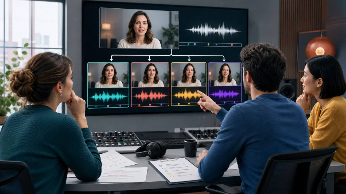 Localization team routing one presenter into four synchronized language versions with aligned waveforms