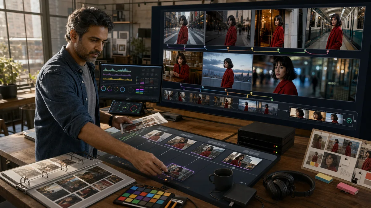 A multi-shot AI video timeline guided by colorful keyframes and assembled into one consistent sequence