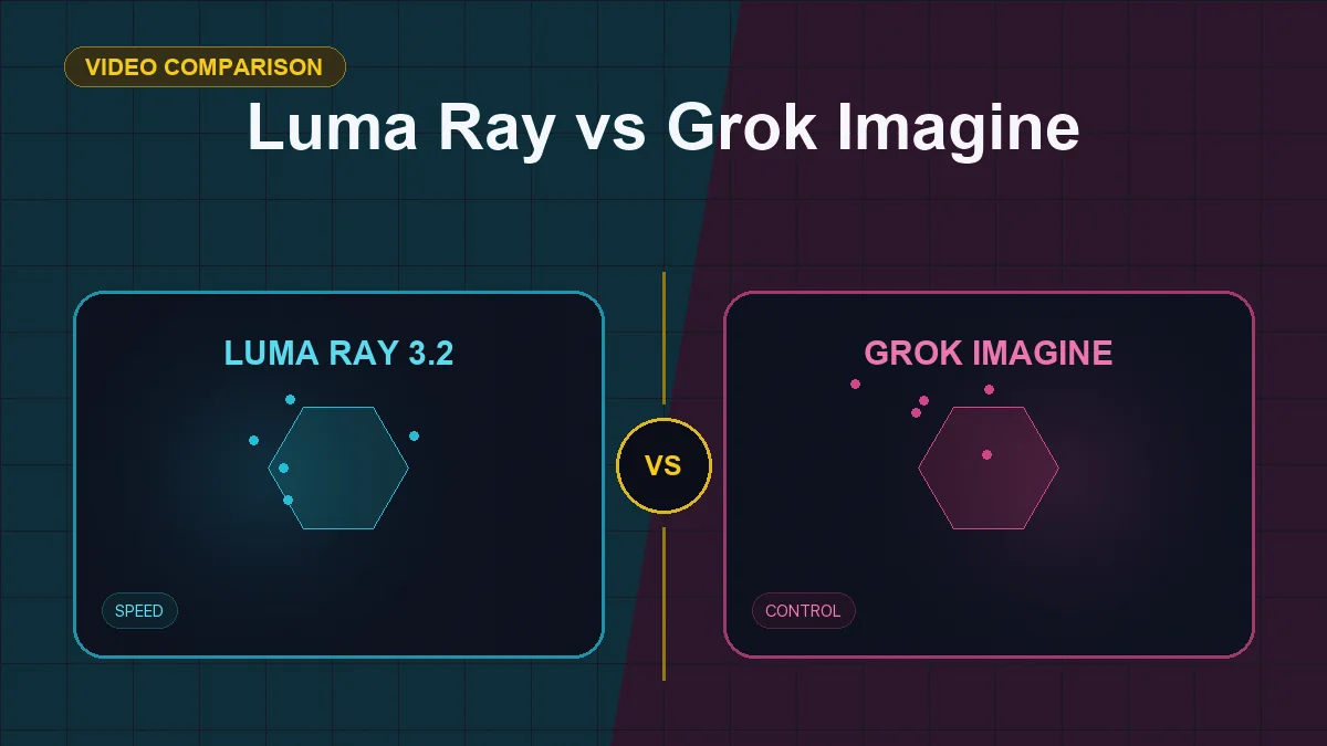Split editorial cover titled "Luma Ray vs Grok Imagine", comparing LUMA RAY 3.2 and GROK IMAGINE across keyframes, native audio, speed, control