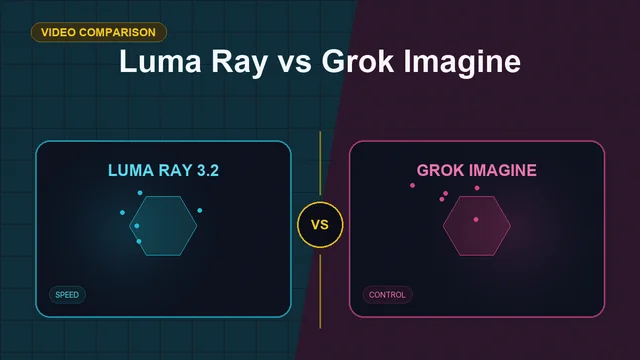 Split editorial cover titled "Luma Ray vs Grok Imagine", comparing LUMA RAY 3.2 and GROK IMAGINE across keyframes, native audio, speed, control