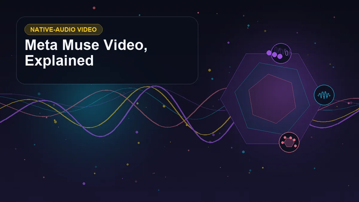 Abstract technology cover titled "Meta Muse Video, Explained" with layered waveforms, geometric signals, and symbols for video, audio, creator, motion