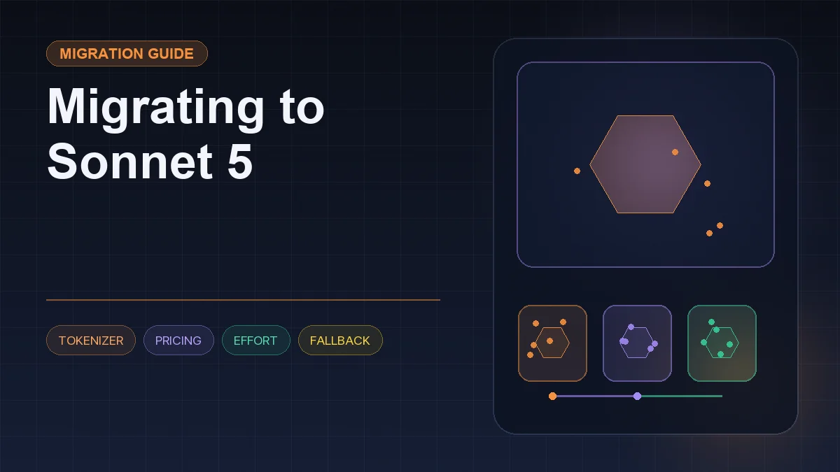 Dark editorial information card titled "Migrating to Sonnet 5" with a structured workflow diagram and icons for tokenizer, pricing, effort, fallback