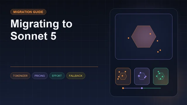 Dark editorial information card titled "Migrating to Sonnet 5" with a structured workflow diagram and icons for tokenizer, pricing, effort, fallback