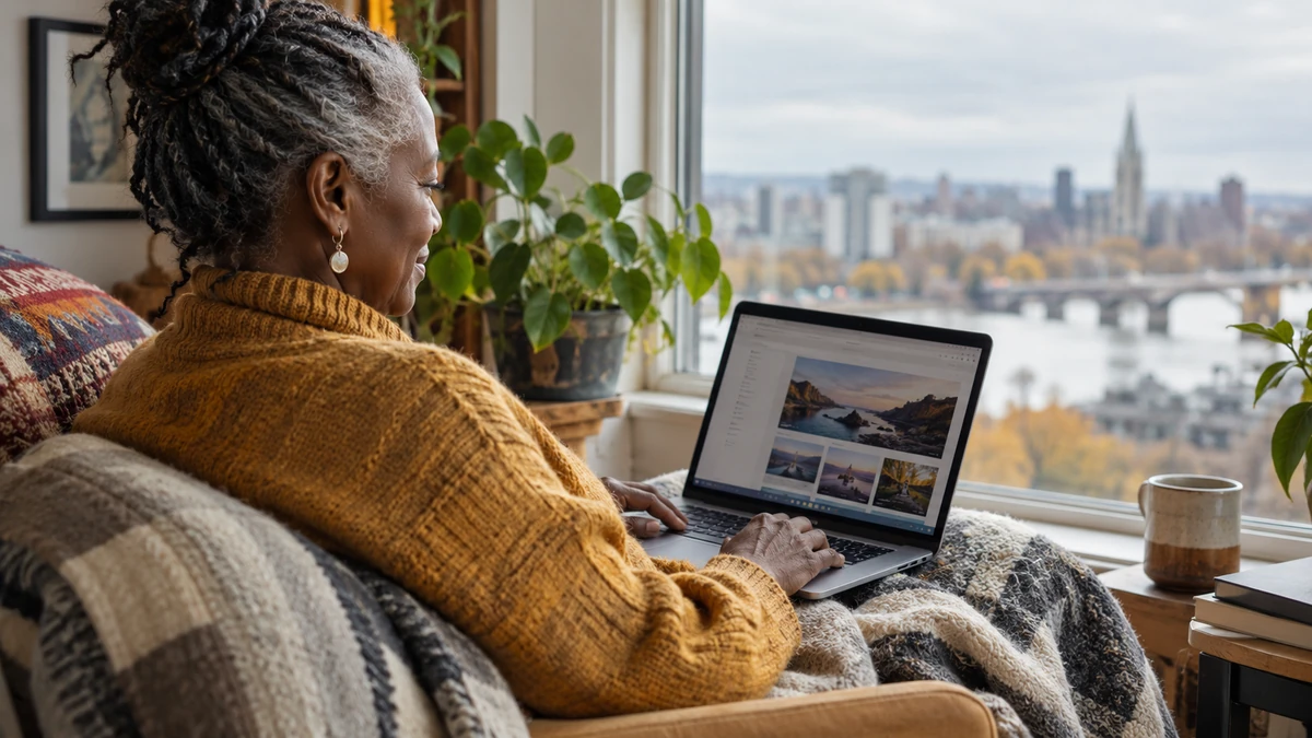 A person browsing on a laptop in a private home setting.