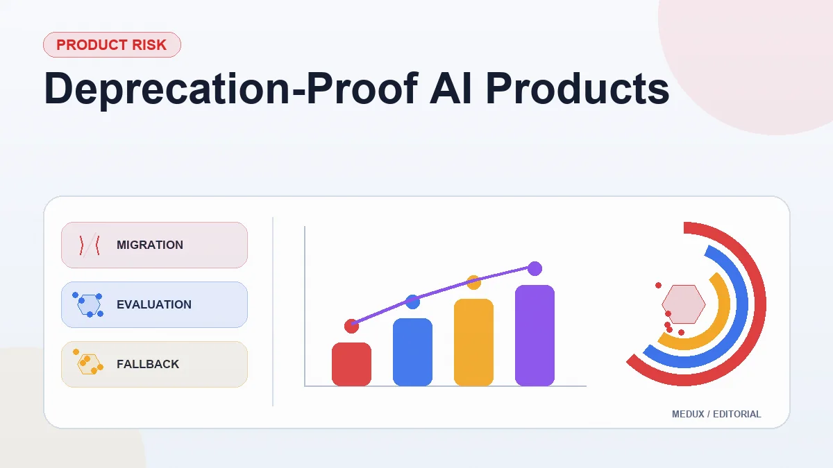 Light editorial report cover titled "Deprecation-Proof AI Products" with summary cards, a bar chart, and visual indicators for migration, evaluation, fallback, continuity