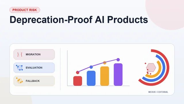Light editorial report cover titled "Deprecation-Proof AI Products" with summary cards, a bar chart, and visual indicators for migration, evaluation, fallback, continuity