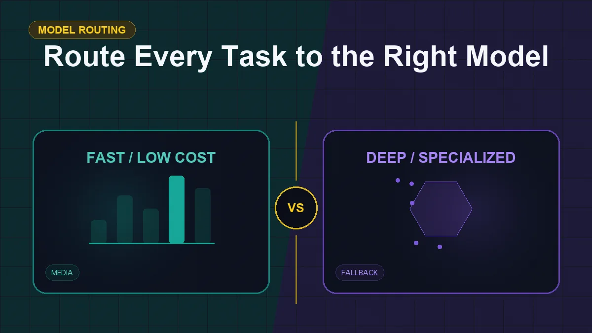 Split editorial cover titled "Route Every Task to the Right Model", comparing FAST / LOW COST and DEEP / SPECIALIZED across fast lane, deep reasoning, media, fallback