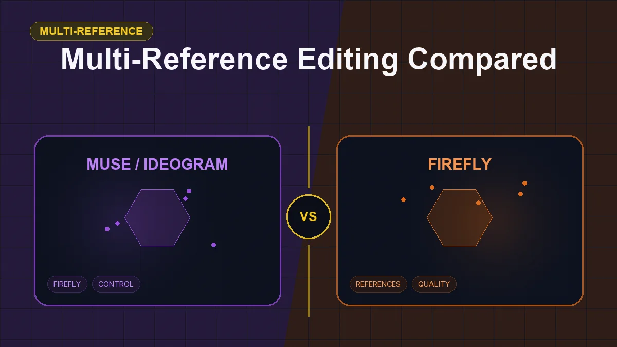 Split editorial cover titled "Multi-Reference Editing Compared", comparing MUSE / IDEOGRAM and FIREFLY across Muse, Ideogram, Firefly, references