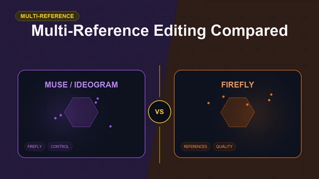 Split editorial cover titled "Multi-Reference Editing Compared", comparing MUSE / IDEOGRAM and FIREFLY across Muse, Ideogram, Firefly, references
